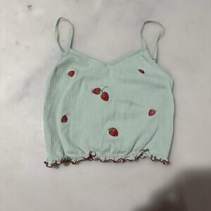 Anthropologie S Embroidered Seamless Tank Top Strawberry Mint Green Summer Ribed